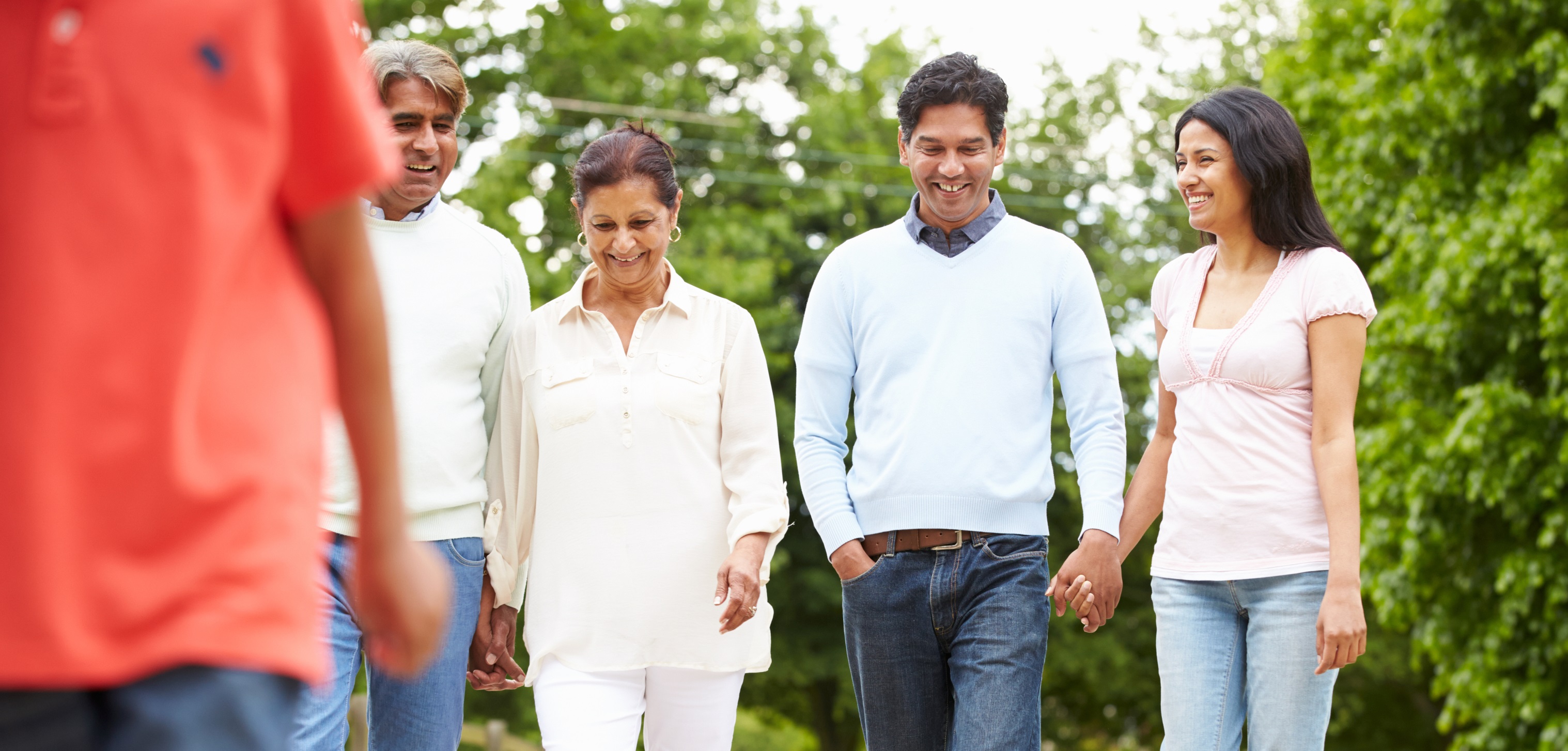 Two couples walking in the park.